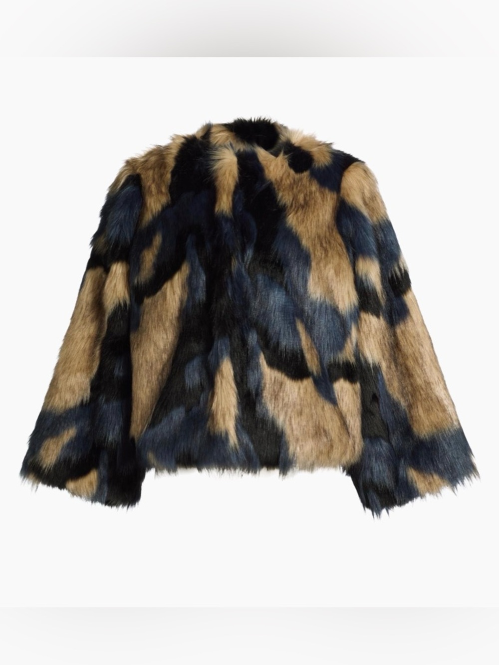 FARM Rio Patchwork Faux Fur Jacket in Black -Tan blue